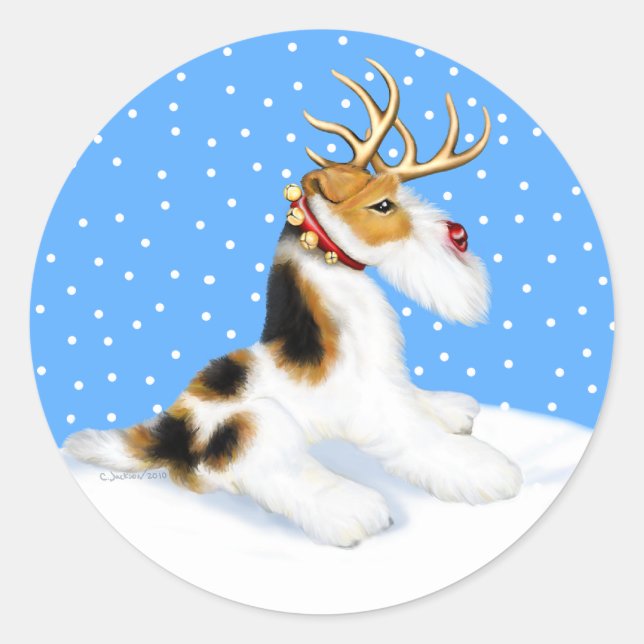 Wire Fox Terrier Reindeer Classic Round Sticker (Front)