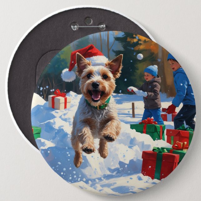 Wire Fox Terrier Running Snow with Christmas Hat 6 Cm Round Badge (Front & Back)