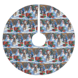 Wire Fox Terrier Running Snow with Christmas Hat Brushed Polyester Tree Skirt
