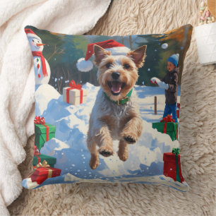 Wire Fox Terrier Running Snow with Christmas Hat Cushion
