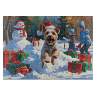 Wire Fox Terrier Running Snow with Christmas Hat Cutting Board