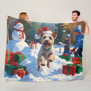 Wire Fox Terrier Running Snow with Christmas Hat Fleece Blanket