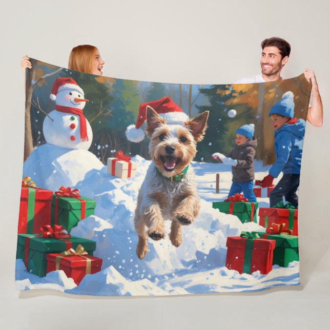 Wire Fox Terrier Running Snow with Christmas Hat Fleece Blanket (In Situ)
