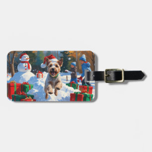 Wire Fox Terrier Running Snow with Christmas Hat Luggage Tag