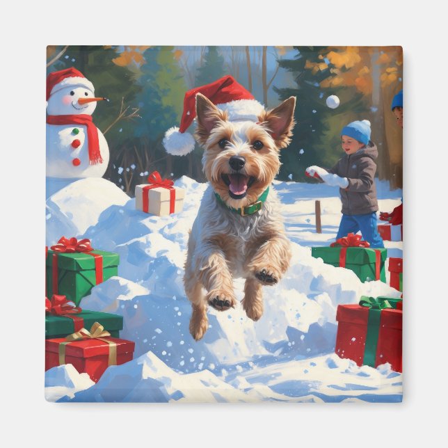 Wire Fox Terrier Running Snow with Christmas Hat Magnet (Front)