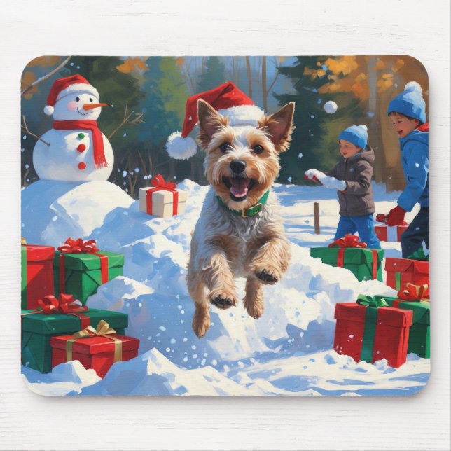 Wire Fox Terrier Running Snow with Christmas Hat Mouse Mat (Front)
