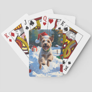 Wire Fox Terrier Running Snow with Christmas Hat Playing Cards