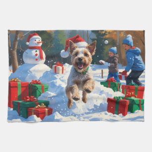 Wire Fox Terrier Running Snow with Christmas Hat Tea Towel