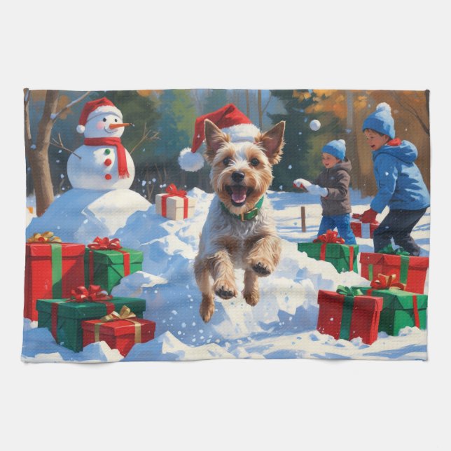 Wire Fox Terrier Running Snow with Christmas Hat Tea Towel (Horizontal)