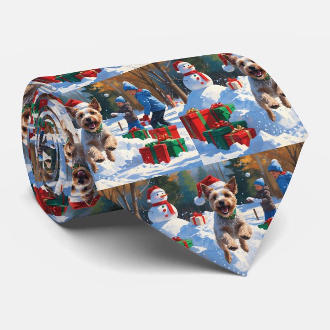 Wire Fox Terrier Running Snow with Christmas Hat Tie (Rolled)