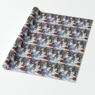 Wire Fox Terrier Running Snow with Christmas Hat Wrapping Paper
