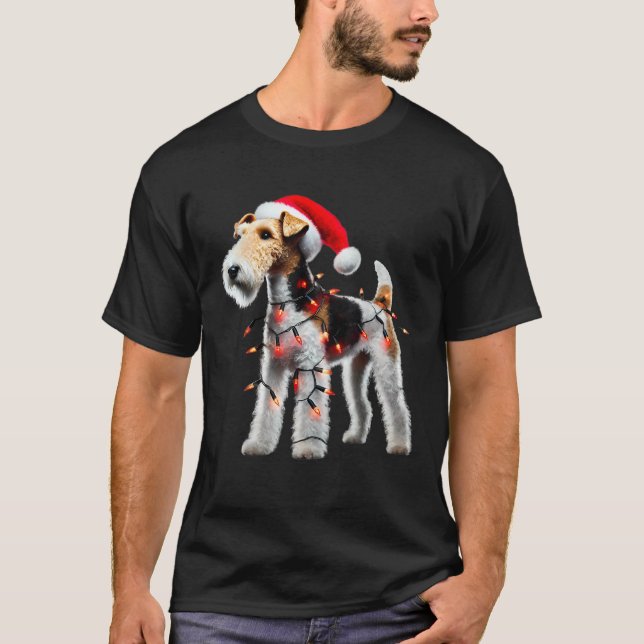 Wire Fox Terrier Santa Hat Christmas Lights Dog Ow T-Shirt (Front)