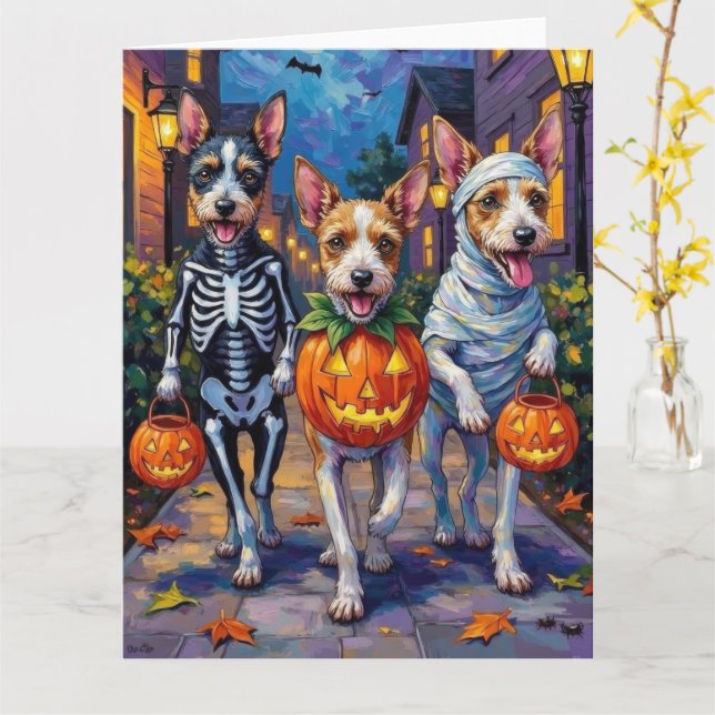 Wire Fox Terrier Trick-or-Treating Halloween  Card (Yellow Flower)