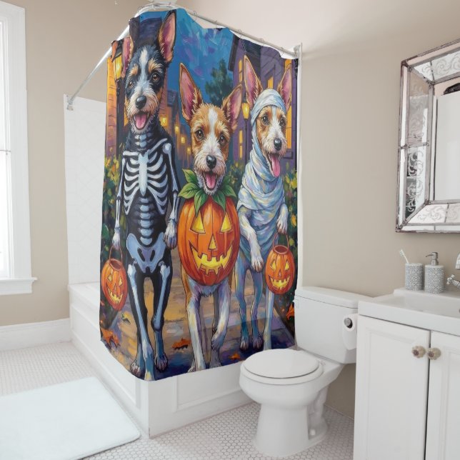 Wire Fox Terrier Trick-or-Treating Halloween  Shower Curtain (In Situ)