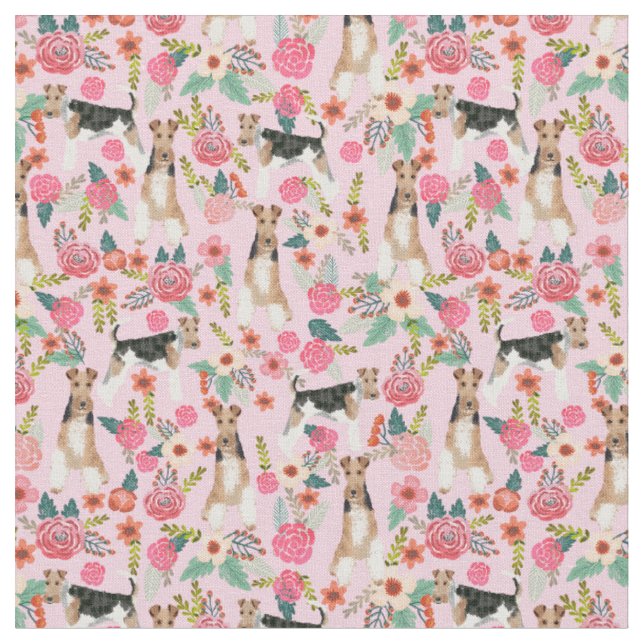 wire fox terrier vintage florals pink fabric (Close Up)