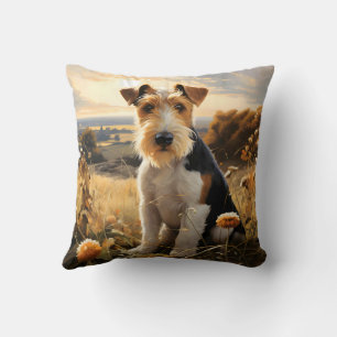 Wire Hair Fox Terrier In Autumn Countryside Cushion