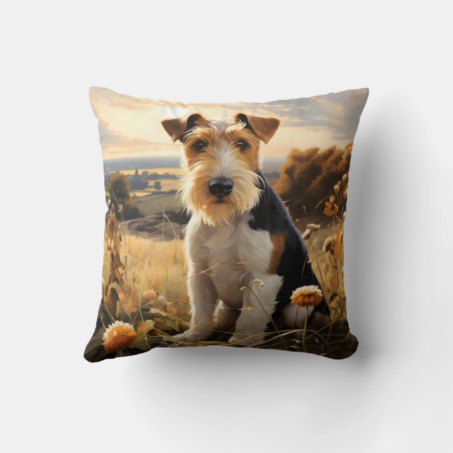 Wire Hair Fox Terrier In Autumn Countryside Cushion (Back)