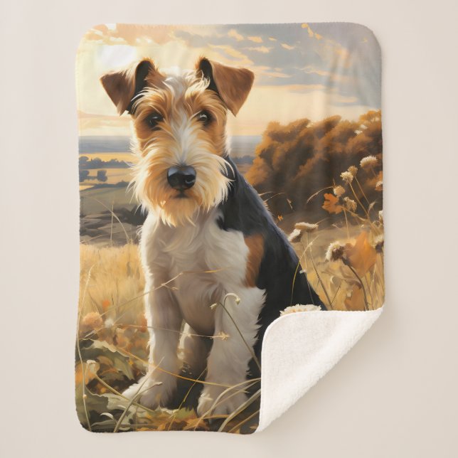 Wire Hair Fox Terrier In Autumn Countryside Sherpa Blanket (Front)