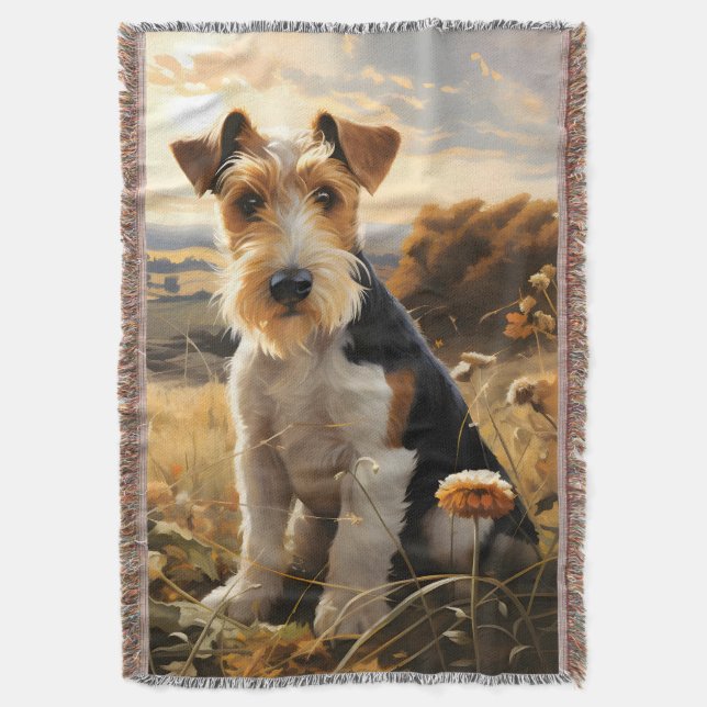 Wire Hair Fox Terrier In Autumn Countryside Throw Blanket (Front Vertical)