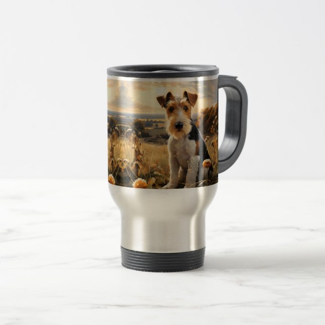 Wire Hair Fox Terrier In Autumn Countryside Travel Mug (Front Right)