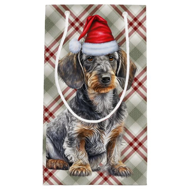 Wire Haired Dachshund Dog on Red Plaid Christmas Small Gift Bag (Front)