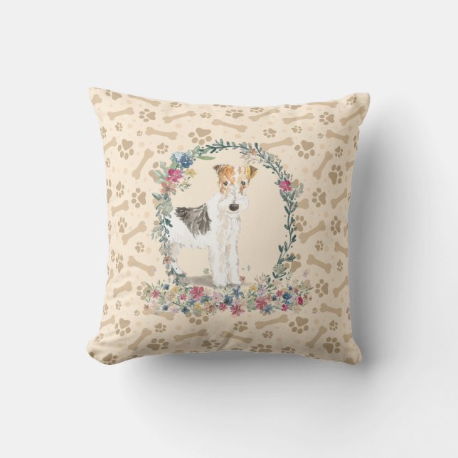 Wire Haired Fox Terrier Dog Paw Print & Floral Cushion (Front)