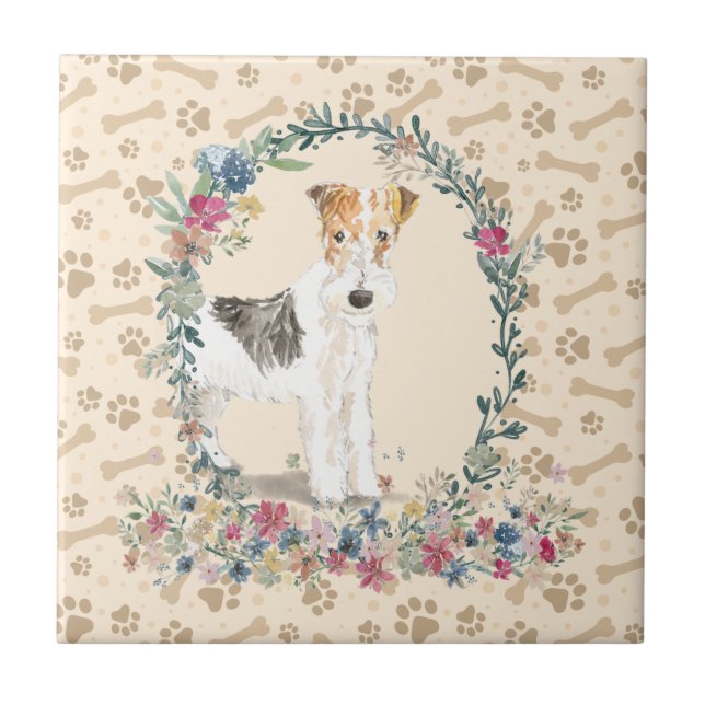 Wire Haired Fox Terrier Dog Paw Print Floral Cute Tile (Front)