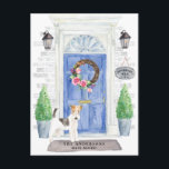 Wire Haired Fox Terrier Moving Announcement Postcard<br><div class="desc">Announce your new address with our stylish announcement featuring a Wire Haired Fox Terrier,  blue front door,  welcome mat,  slate sign,  topiaries and a floral wreath set on a grey brick background.</div>