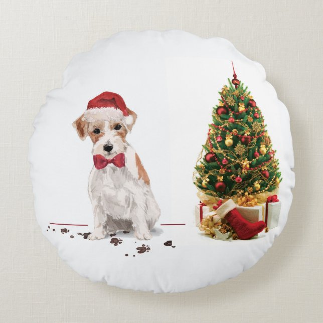 Wire Haired Jack Russell Funny Christmas Dog Round Cushion (Front)
