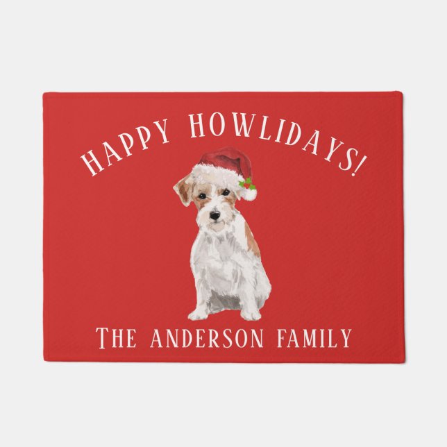 Wire Haired Jack Russell Happy Howlidays Christmas Doormat (Front)