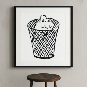 Wire Mesh Waste Basket Black and White Trash Poster