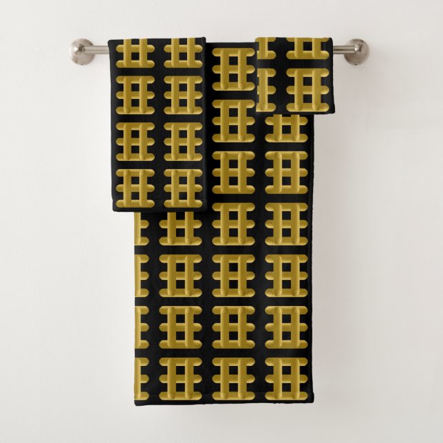 Wired Golden Cord Squared Pattern Gold On Black Bath Towel Set (Insitu)