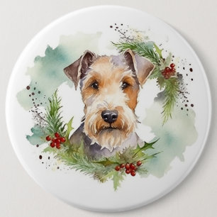 Wirefox Terrier Christmas Wreath Festive Pup 6 Cm Round Badge