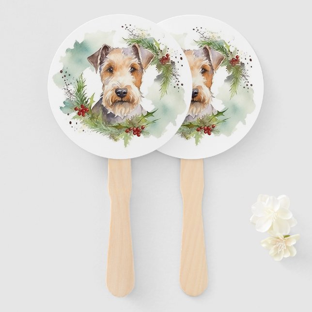 Wirefox Terrier Christmas Wreath Festive Pup  Hand Fan (Front and Back)