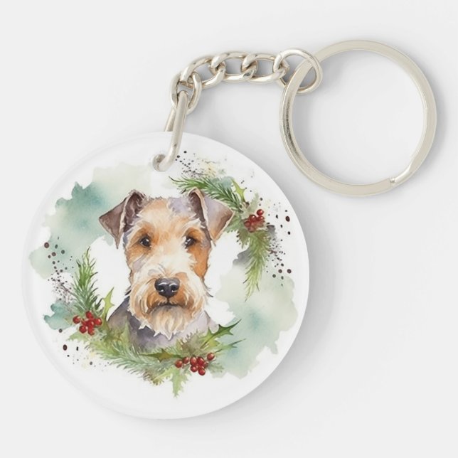Wirefox Terrier Christmas Wreath Festive Pup  Key Ring (Back)