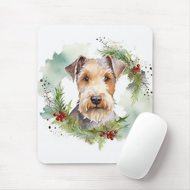 Wirefox Terrier Christmas Wreath Festive Pup  Mouse Mat (With Mouse)