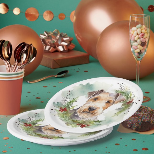 Wirefox Terrier Christmas Wreath Festive Pup  Paper Plate (Multi)