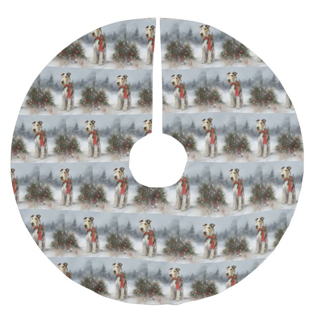 Wirefox Terrier Dog in Snow Christmas Brushed Polyester Tree Skirt (Front)