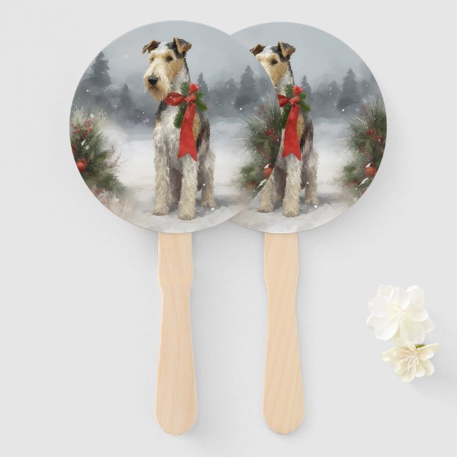 Wirefox Terrier Dog in Snow Christmas Hand Fan (Front and Back)