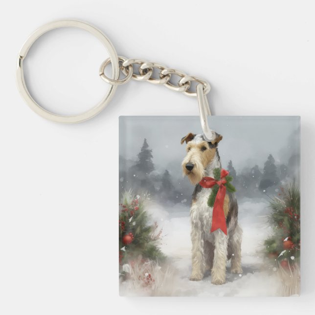 Wirefox Terrier Dog in Snow Christmas Key Ring (Front)