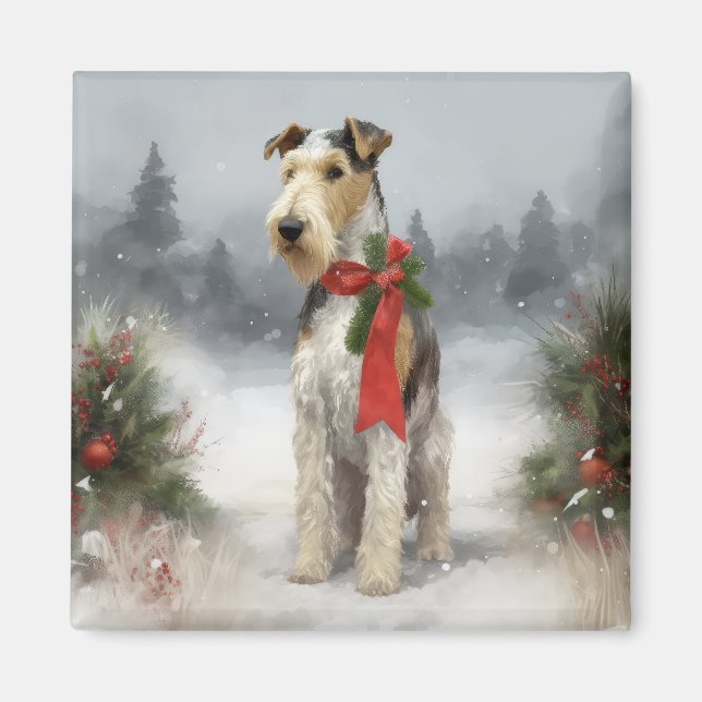 Wirefox Terrier Dog in Snow Christmas Magnet (Front)