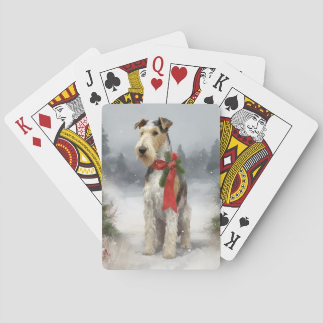 Wirefox Terrier Dog in Snow Christmas Playing Cards (Back)