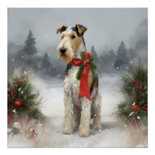 Wirefox Terrier Dog in Snow Christmas Poster