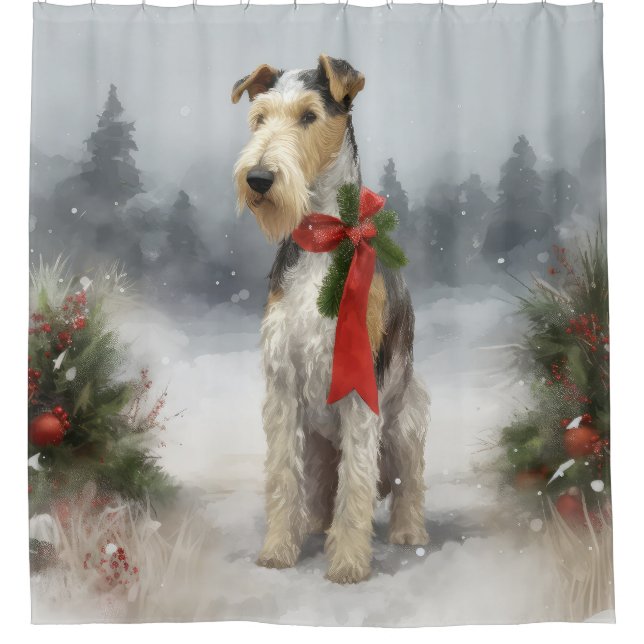 Wirefox Terrier Dog in Snow Christmas Shower Curtain (Front)