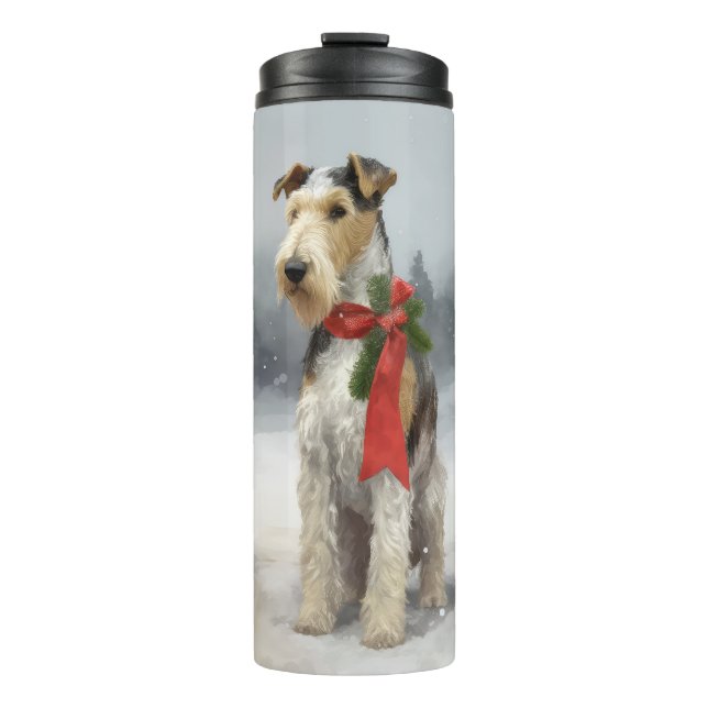 Wirefox Terrier Dog in Snow Christmas Thermal Tumbler (Front)