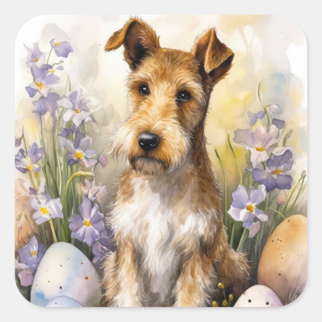 Wirefox Terrier Dog With Easter Eggs Holiday Square Sticker (Front)