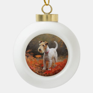 Wirefox Terrier in Autumn Leaves Fall Inspire Ceramic Ball Christmas Ornament