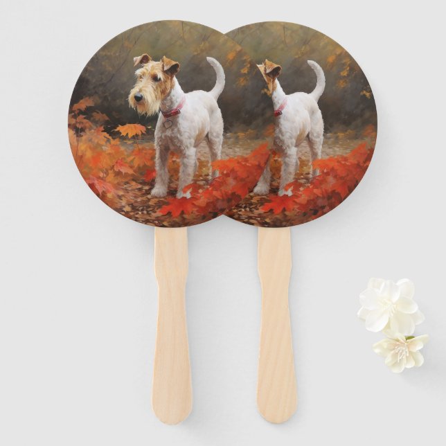 Wirefox Terrier in Autumn Leaves Fall Inspire  Hand Fan (Front and Back)