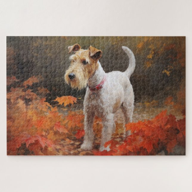 Wirefox Terrier in Autumn Leaves Fall Inspire  Jigsaw Puzzle (Horizontal)