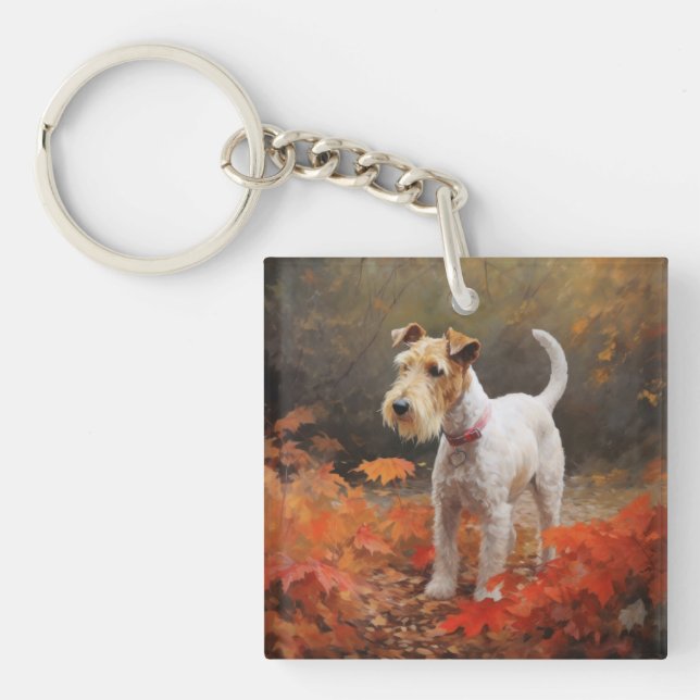 Wirefox Terrier in Autumn Leaves Fall Inspire  Key Ring (Front)